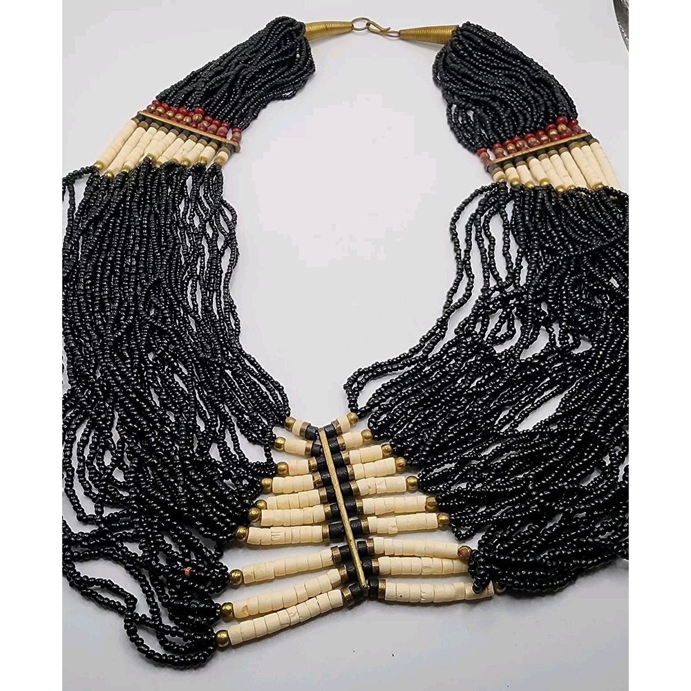 Vintage Boho Tribal Ethnic Black Glass Seed Bead Waterfall Layered Bib Necklace - Picture 8 of 16
